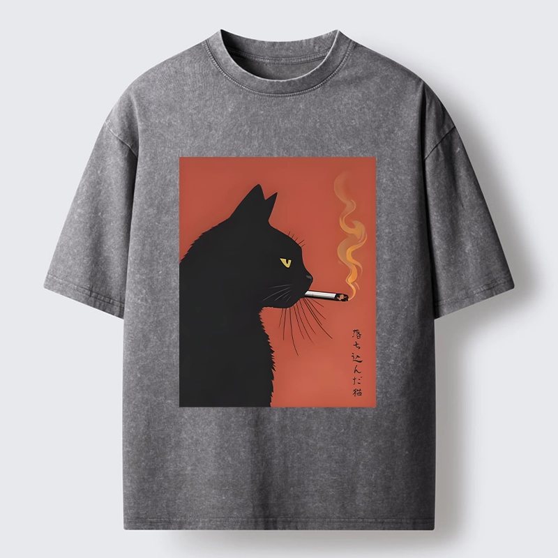 Tokyo-Tiger Black Cat With Cigarette Washed T-Shirt