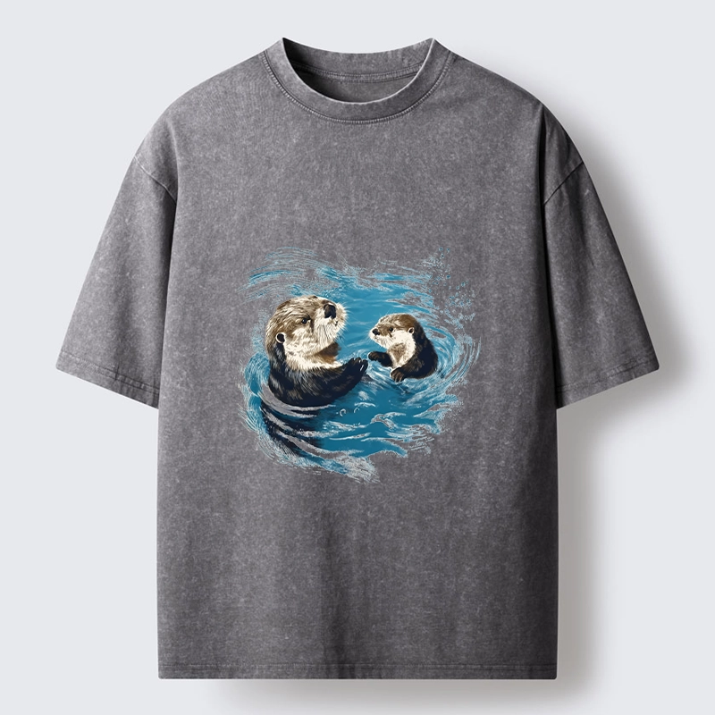 Tokyo-Tiger Meme Cute Otter Pair In Water Washed T-Shirt