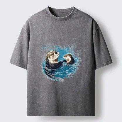 Tokyo-Tiger Meme Cute Otter Pair In Water Washed T-Shirt