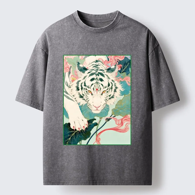 Tokyo-Tiger Oriental White Tiger Art Washed T-Shirt