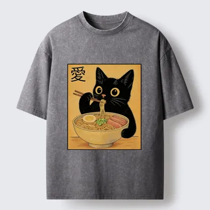 Tokyo-Tiger Cute Cat Eating Ramen Meme Washed T-Shirt
