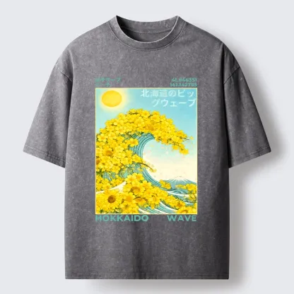Tokyo-Tiger Sunny Yellow Flower Wave Art Washed T-Shirt