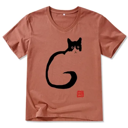 Tokyo-Tiger Calm Cat In Simple Lines V-Neck Classic T-Shirt