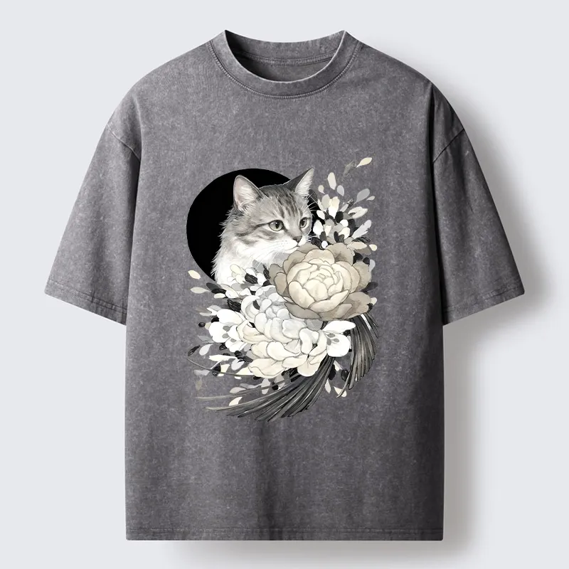 Tokyo-Tiger Graceful Cat In Floral Bouquet Washed T-Shirt Sale
