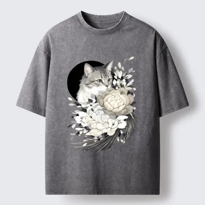 Tokyo-Tiger Graceful Cat In Floral Bouquet Washed T-Shirt
