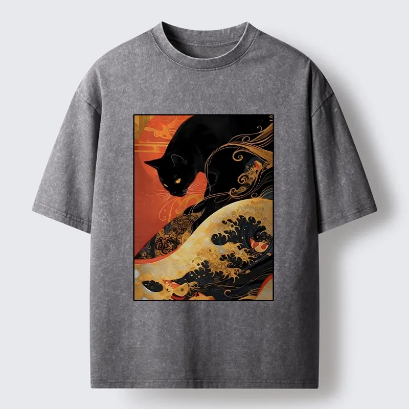 Tokyo-Tiger Japanese Style Black Cat Washed T-Shirt