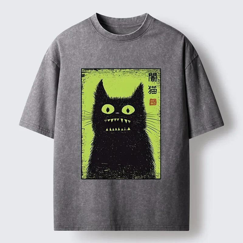 Tokyo-Tiger Spooky Black Cat Japanese Washed T-Shirt