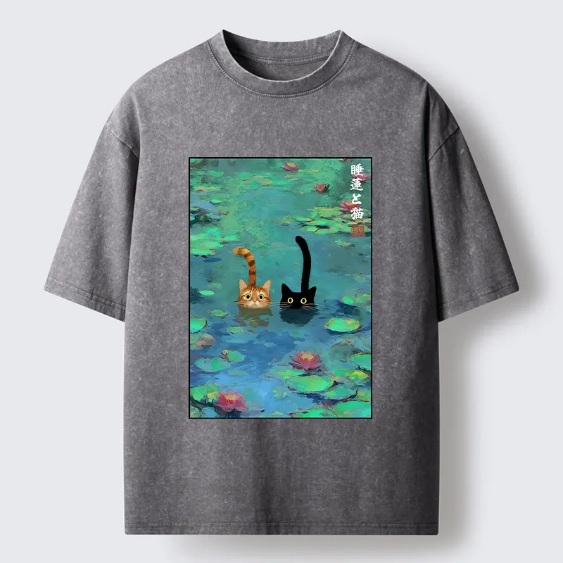 Tokyo-Tiger Funny Cats Swimming In Lilies Washed T-Shirt