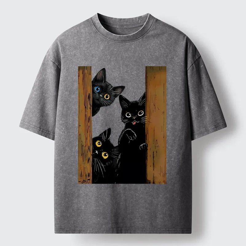 Tokyo-Tiger Funny Cats Spying On You Washed T-Shirt