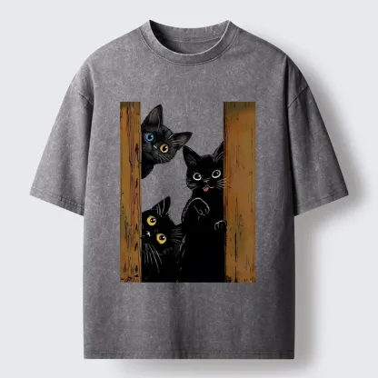Tokyo-Tiger Funny Cats Spying On You Washed T-Shirt