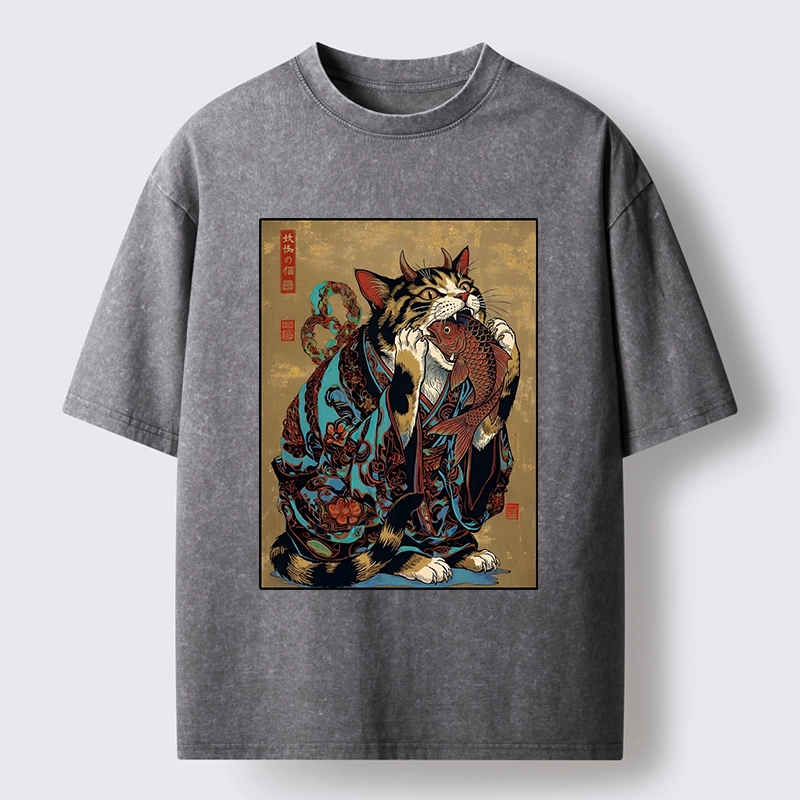 Tokyo-Tiger Samurai Cat Eating Fish Washed T-Shirt