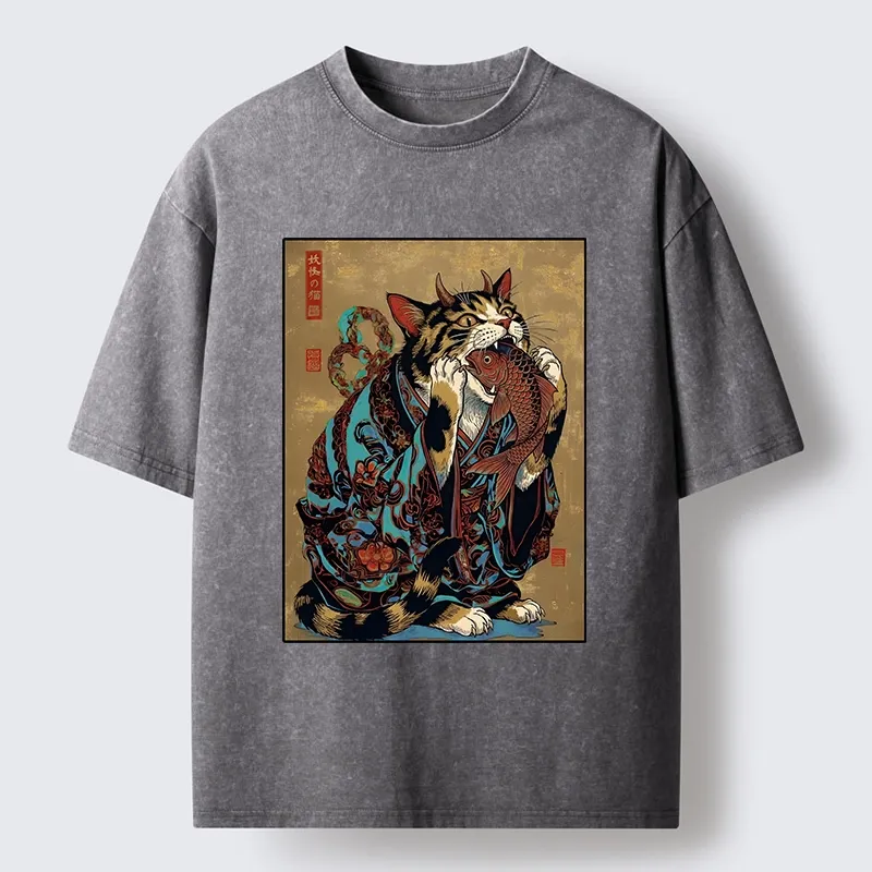 Tokyo-Tiger Samurai Cat Eating Fish Washed T-Shirt