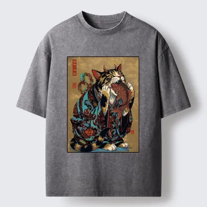 Tokyo-Tiger Samurai Cat Eating Fish Washed T-Shirt