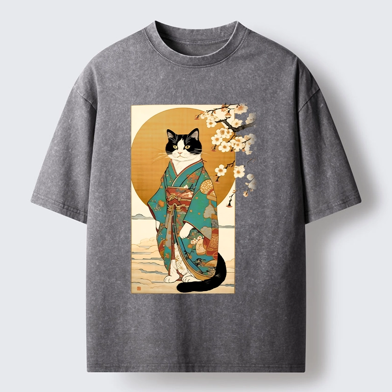 Tokyo-Tiger Elegant Cat In Traditional Kimono Washed T-Shirt