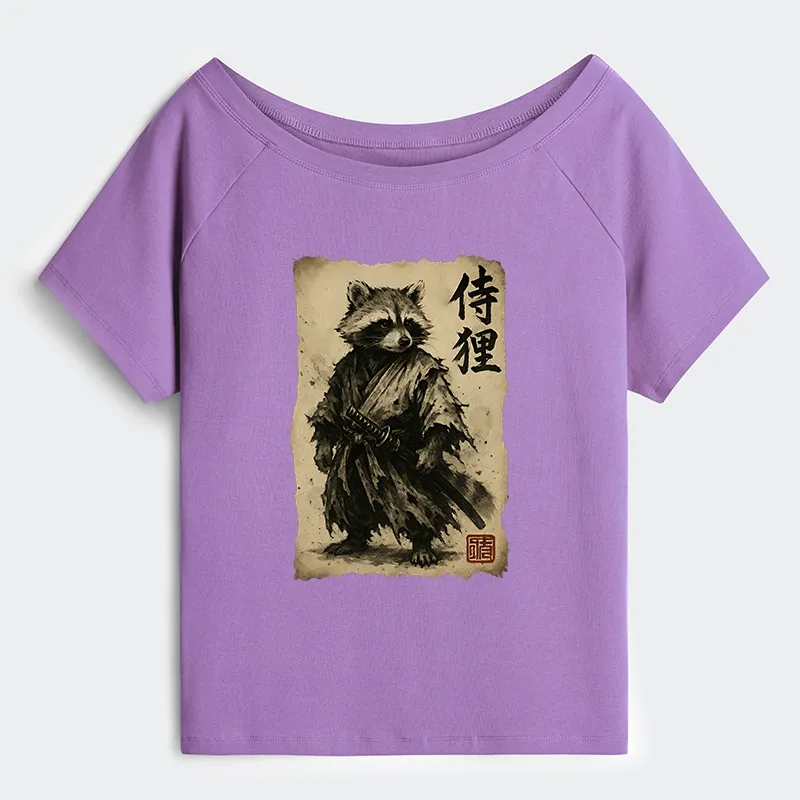 Tokyo-Tiger Retro Raccoon Samurai Off Shoulder T-Shirt