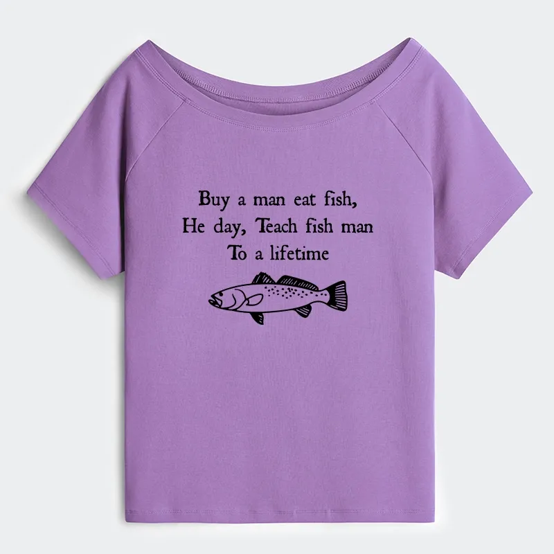 Tokyo-Tiger Man Eat Fish Meme Off Shoulder T-Shirt