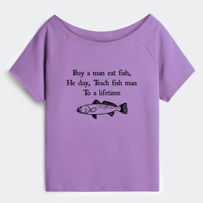 Tokyo-Tiger Man Eat Fish Meme Off Shoulder T-Shirt