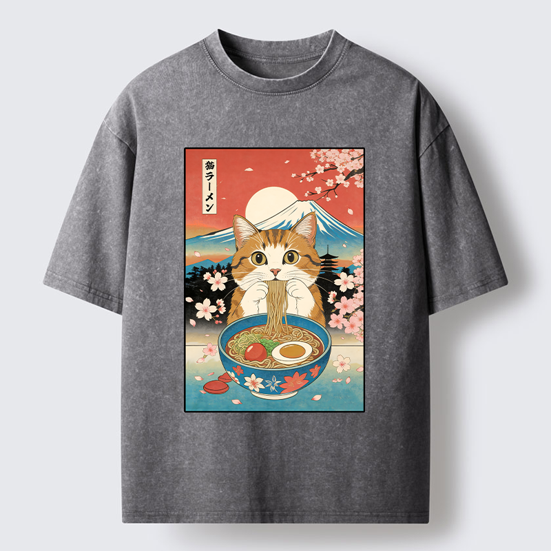 Tokyo-Tiger Orange Cat Eating Ramen Washed T-Shirt