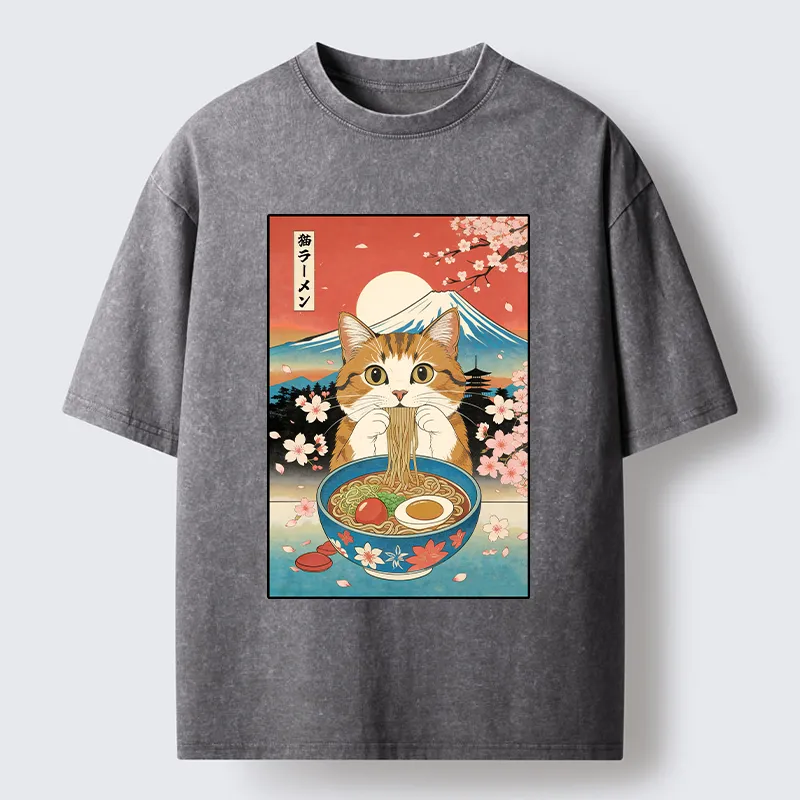 Tokyo-Tiger Orange Cat Eating Ramen Washed T-Shirt