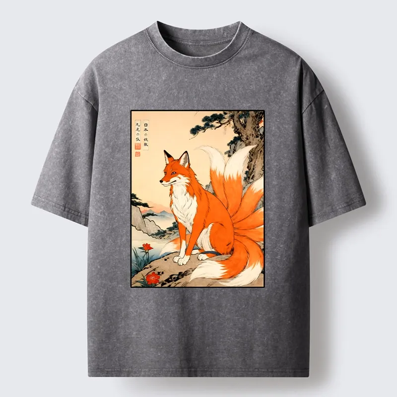 Tokyo-Tiger Mystical Nine Tails Fox Washed T-Shirt