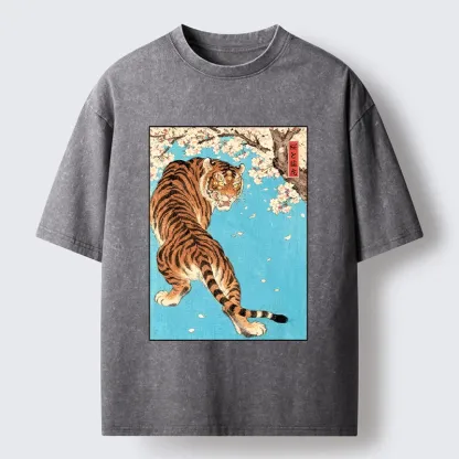Tokyo-Tiger Fierce Tiger And Sakura Petals Washed T-Shirt