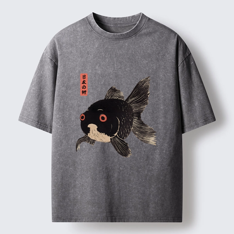 Tokyo-Tiger Japanese Black Goldfish Art Washed T-Shirt