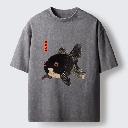 Tokyo-Tiger Japanese Black Goldfish Art Washed T-Shirt