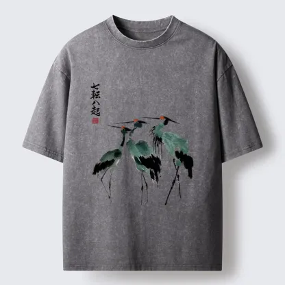 Tokyo-Tiger Spirited Up Cranes Ink Painting Washed T-Shirt