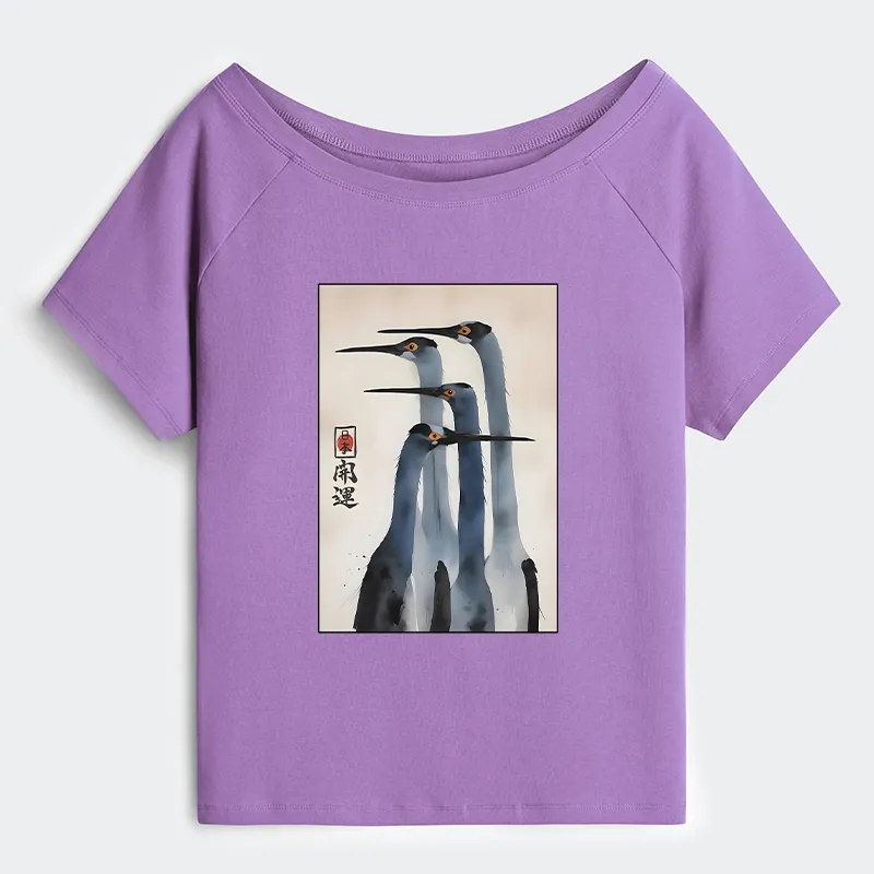 Tokyo-Tiger Retro Sandhill Crane Off Shoulder T-Shirt