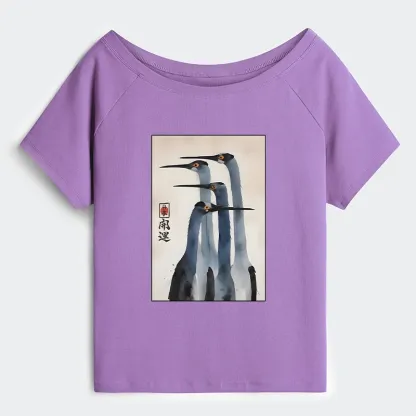 Tokyo-Tiger Retro Sandhill Crane Off Shoulder T-Shirt