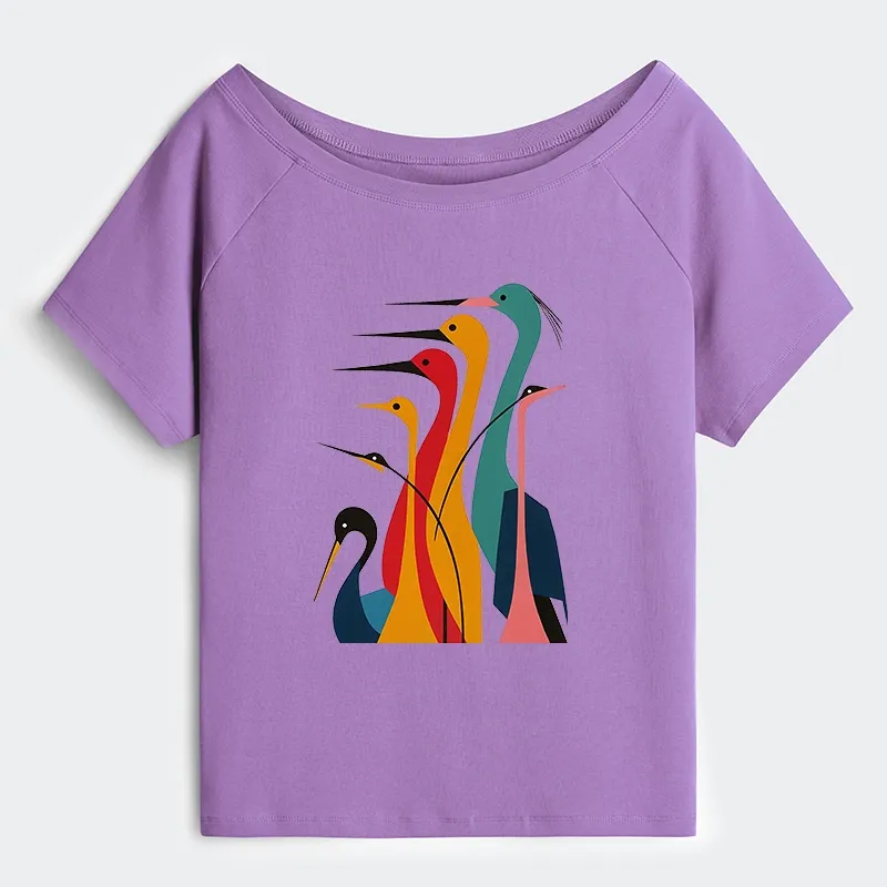 Tokyo-Tiger  Various Types Of Cranes Off Shoulder T-Shirt