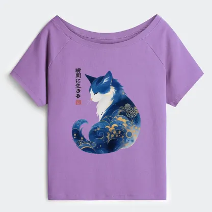 Tokyo-Tiger Retro Zen Cat: Living the Present Off Shoulder T-Shirt