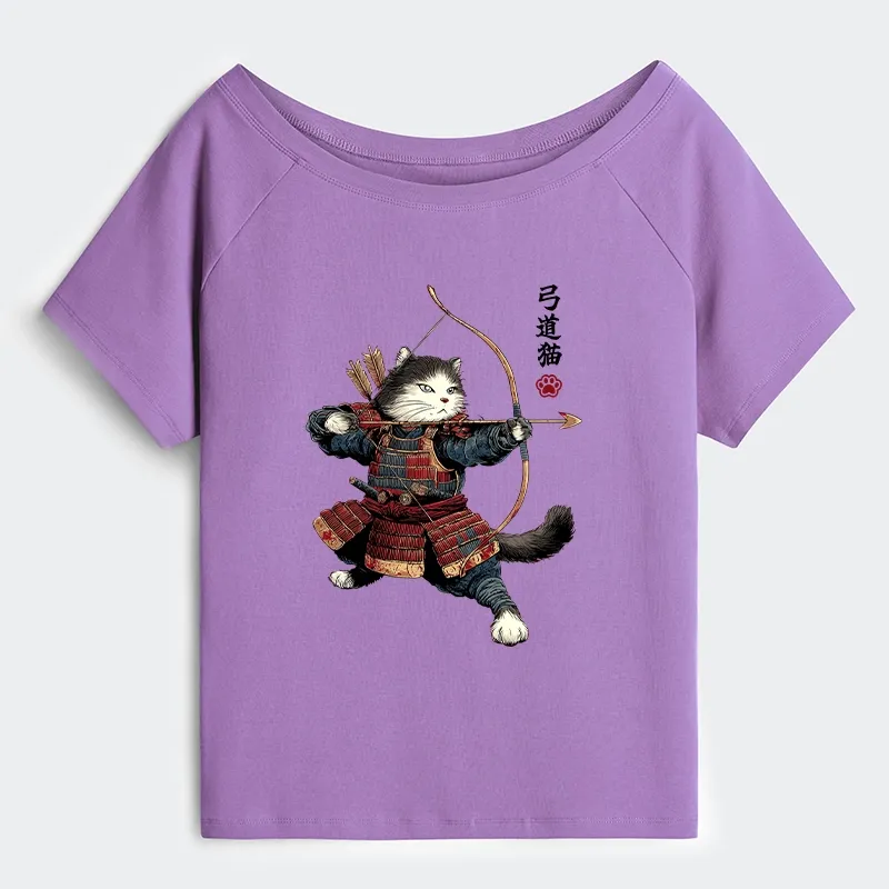 Tokyo-Tiger Kyudo Samurai Cat Off Shoulder T-Shirt