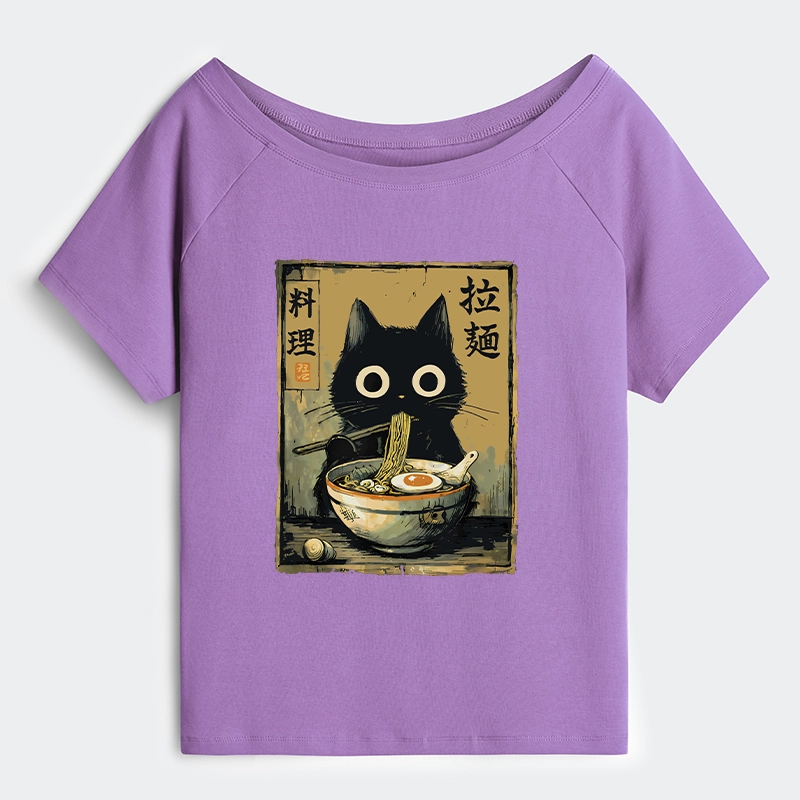 Tokyo-Tiger Cute Black Cat Eating Ramen Japan Off Shoulder T-Shirt