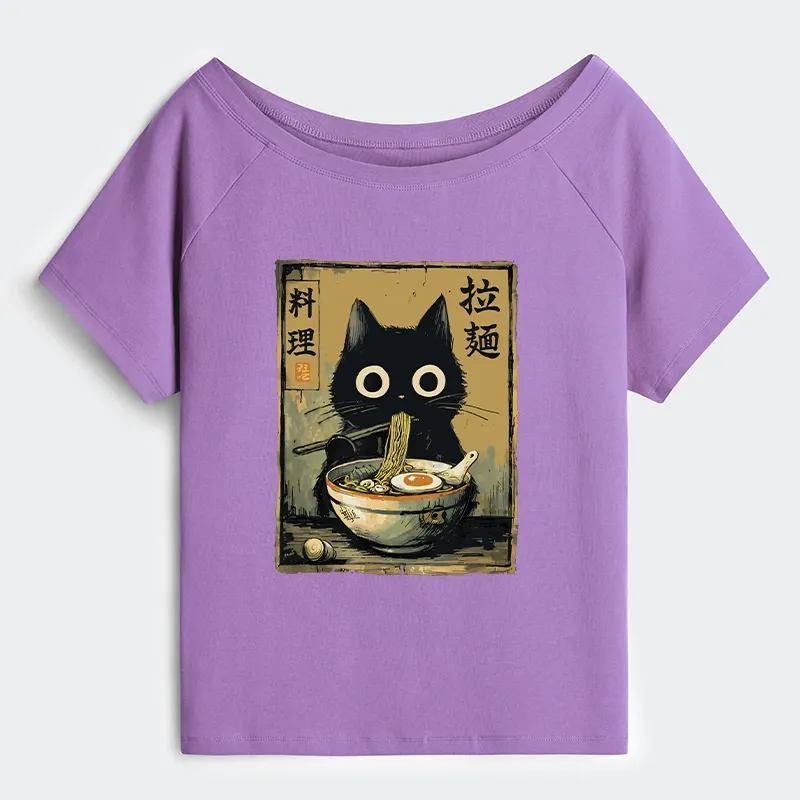 Tokyo-Tiger Cute Black Cat Eating Ramen Japan Off Shoulder T-Shirt