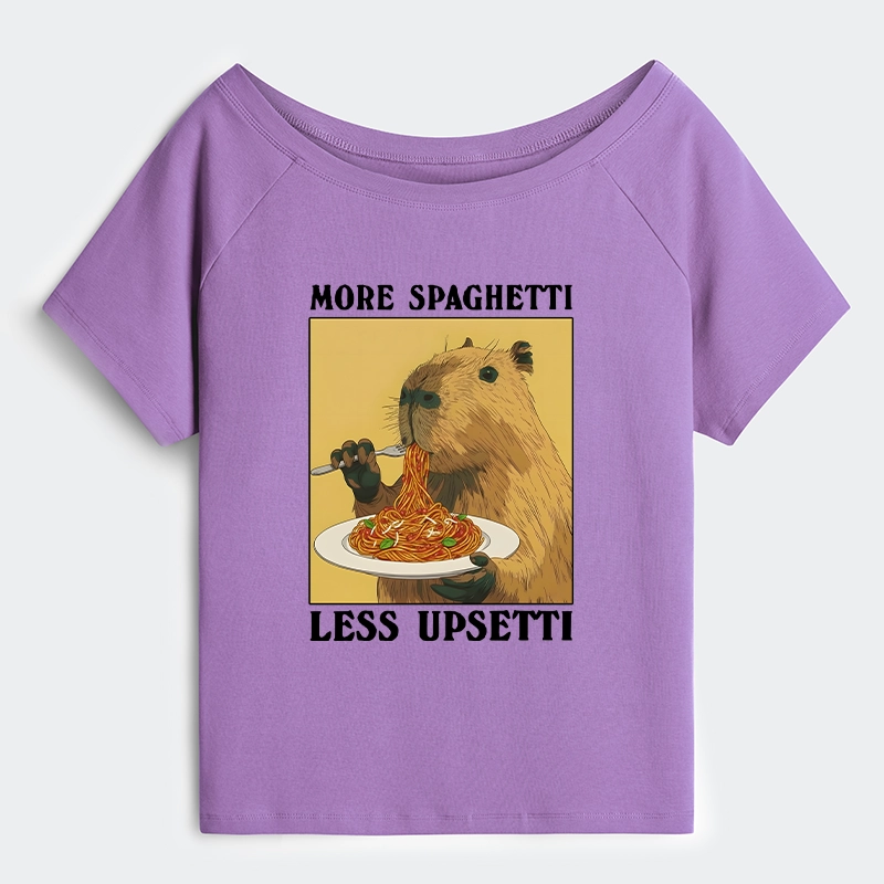 Tokyo-Tiger Capybara Eating Pasta Off Shoulder T-Shirt