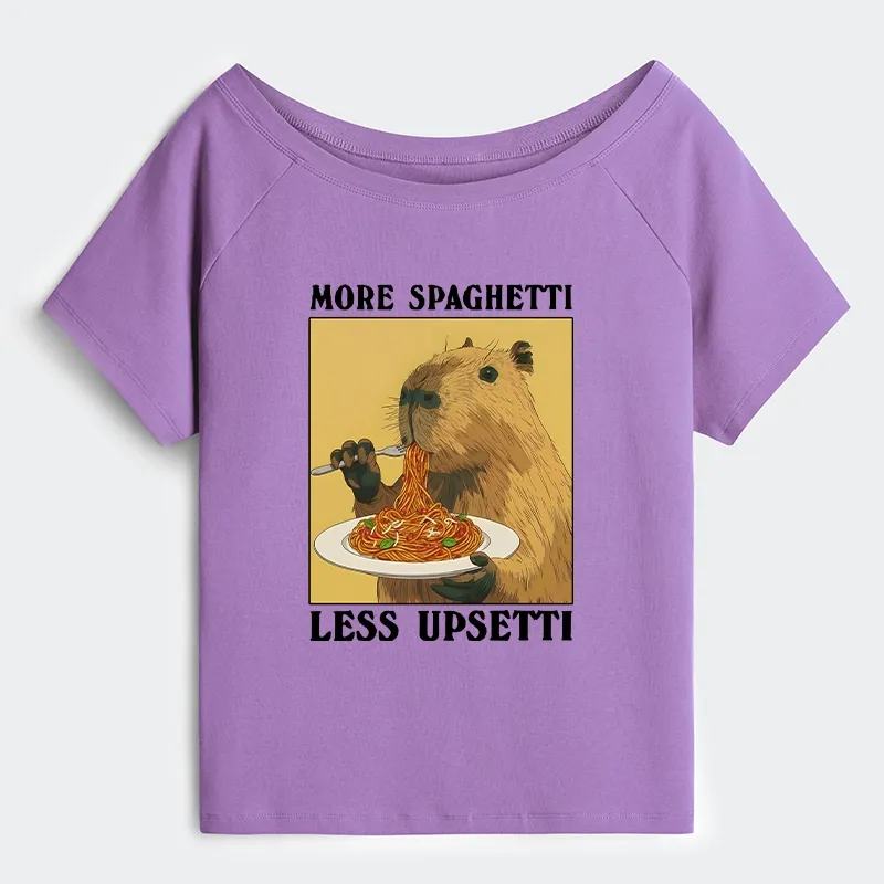 Tokyo-Tiger Capybara Eating Pasta Off Shoulder T-Shirt