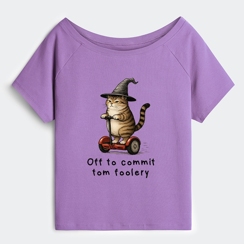 Tokyo-Tiger Orange Cat Riding Segway-style Off Shoulder T-Shirt