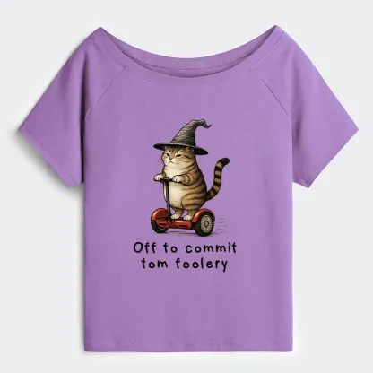 Tokyo-Tiger Orange Cat Riding Segway-style Off Shoulder T-Shirt