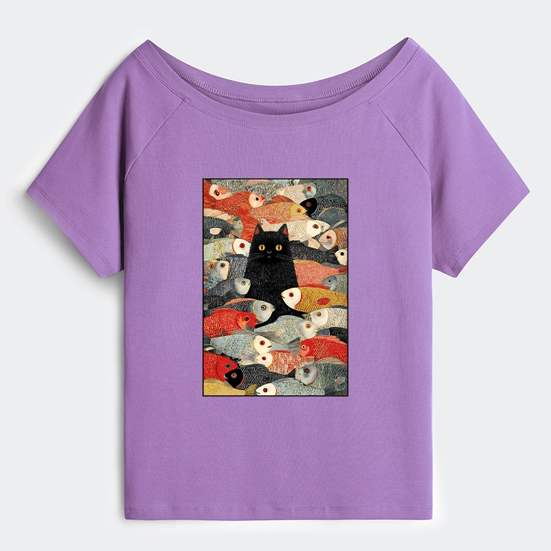 Tokyo-Tiger Cats And Fish Off Shoulder T-Shirt