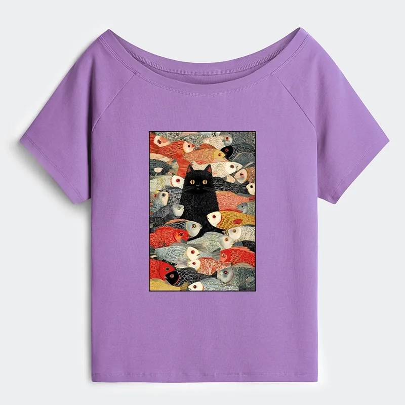 Tokyo-Tiger Cats And Fish Off Shoulder T-Shirt