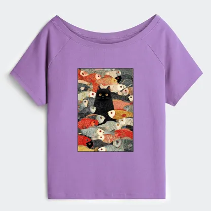Tokyo-Tiger Cats And Fish Off Shoulder T-Shirt
