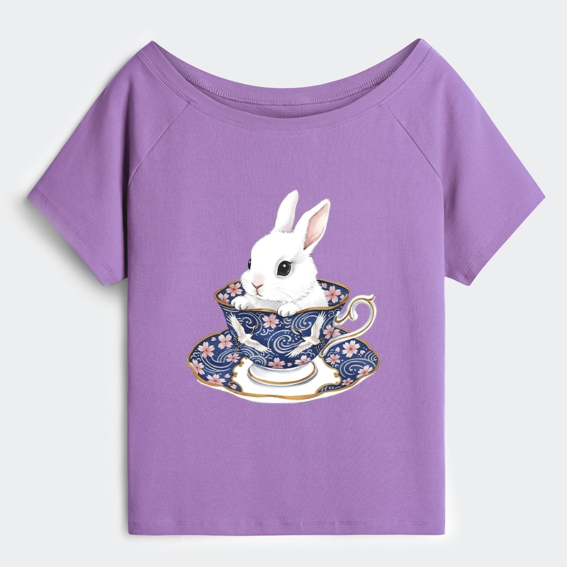 Tokyo-Tiger Cute Rabbit Tea Set Off Shoulder T-Shirt