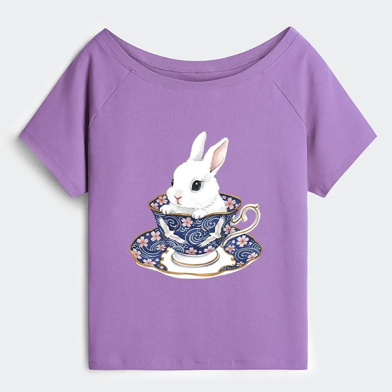 Tokyo-Tiger Cute Rabbit Tea Set Off Shoulder T-Shirt