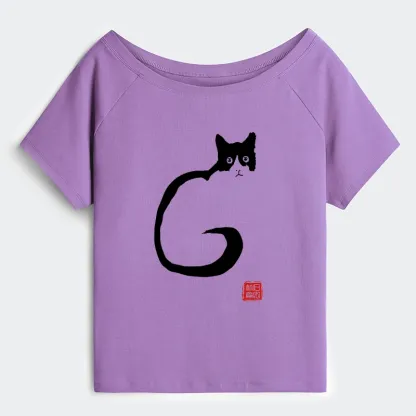 Tokyo-Tiger Calm Cat In Simple Lines Off Shoulder T-Shirt