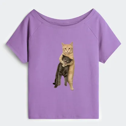 Tokyo-Tiger Orange Cat’s Tight Embrace Off Shoulder T-Shirt
