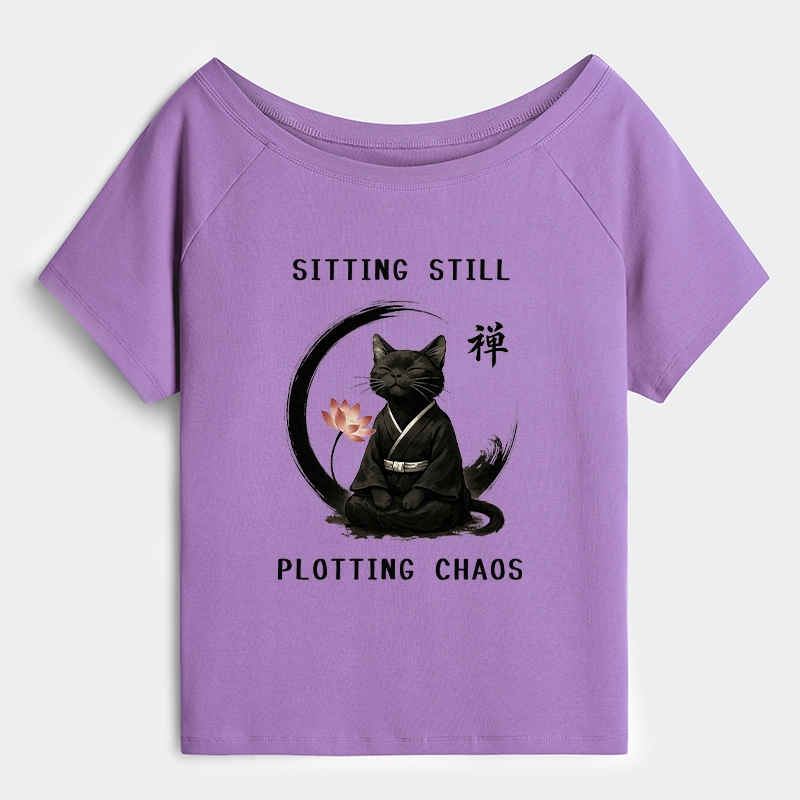 Tokyo-Tiger Sitting still  plotting chaos Calming Zen Cat Funny Off Shoulder T-Shirt