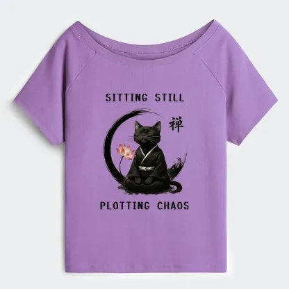 Tokyo-Tiger Sitting still  plotting chaos Calming Zen Cat Funny Off Shoulder T-Shirt