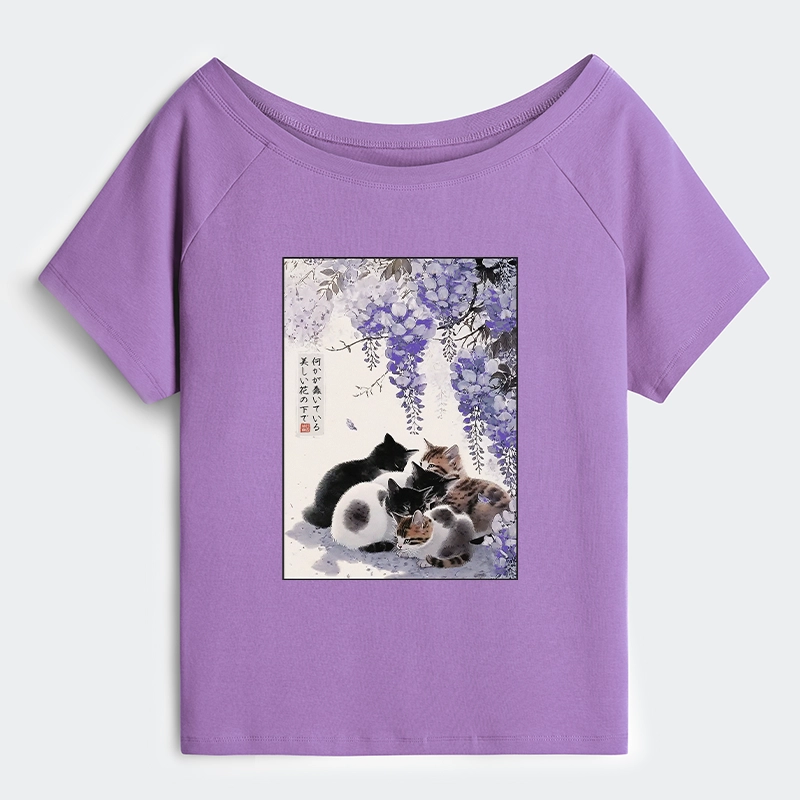 Tokyo-Tiger Cats plotting under the wisteria Off Shoulder T-Shirt