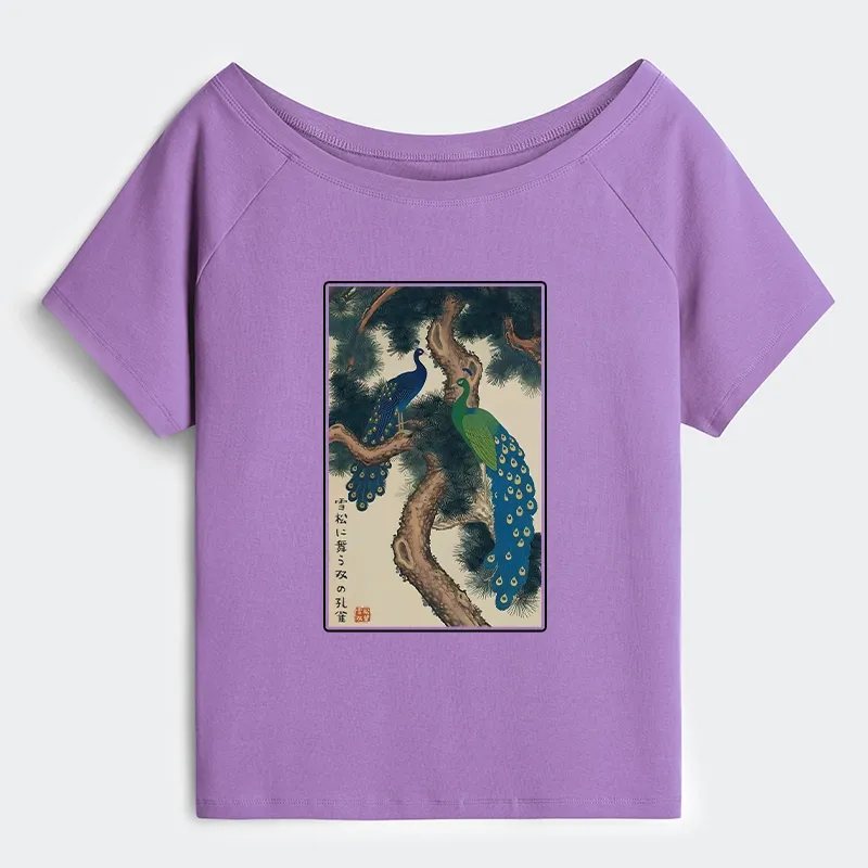 Tokyo-Tiger Peacocks in Snowy Pines Off Shoulder T-Shirt